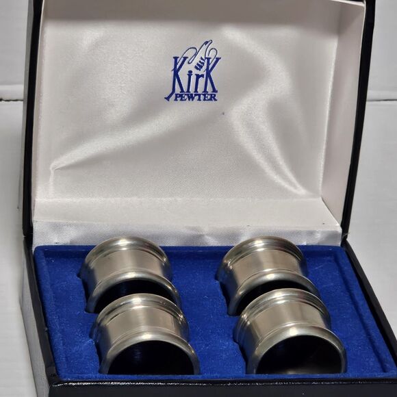 4 Vtg Kirk Stieff Pewter Napkin Rings Original Box Holiday Formal Christmas - Picture 1 of 7